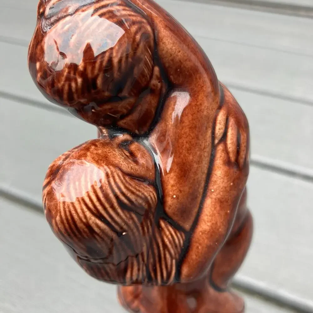 Vintage embracing nude couple brown ceramic statue, romantic bohemian art